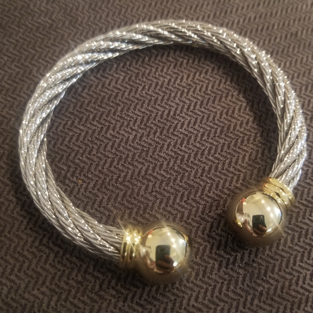 Park Lane STYLE Bracelet Open Cable Cuff Bangle Silver With Gold Accents Solid
